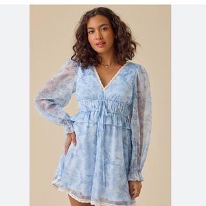 Altar'd State Baby Blue Floral Lace-Trim Mini Dress